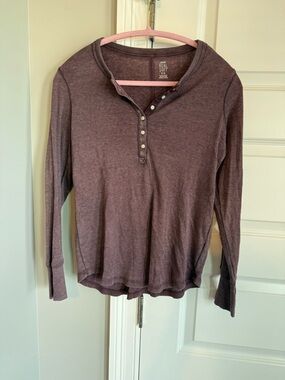 aerie Ribbed Snap-Front Henley Top - Dark Burgundy
